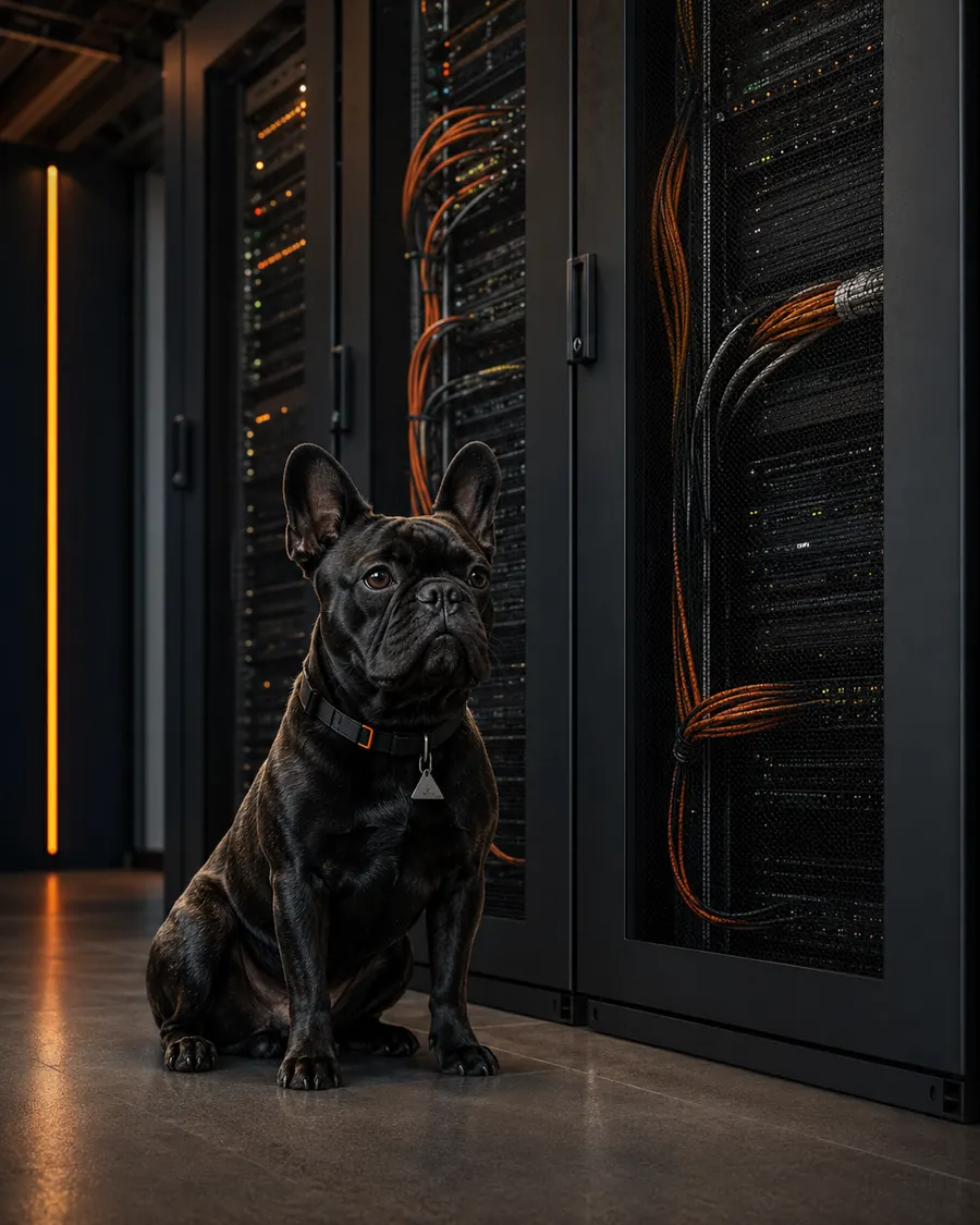 Bouledogue français noir Cloud VGP devant des serveurs dédiés